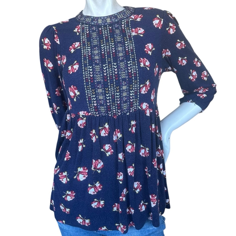 Anthropologie Navy Blue Floral Print 3/4 Sleeve High Neck Babydoll Top Small